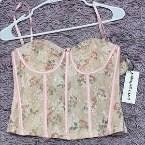 Pretty Garbage Floral Lace Corset Top - Pink and Cream
